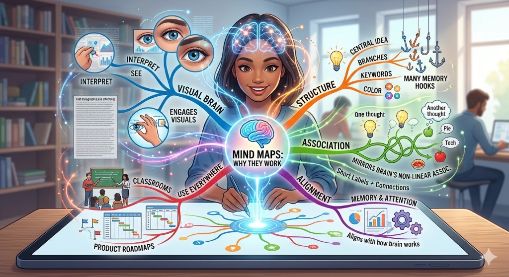 Illustration of mind mapping benefits with visual associations, branch structure, and memory cues