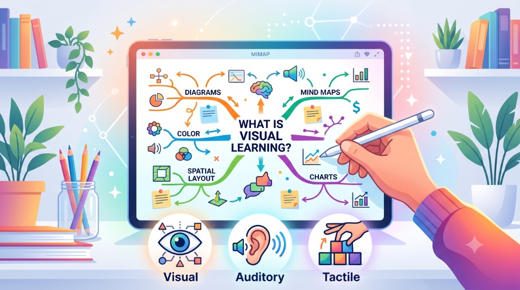 Visual learning mind map on Mimap with branches for diagrams, color, layout, mind maps, charts, and visual, auditory, and tactile learning styles
